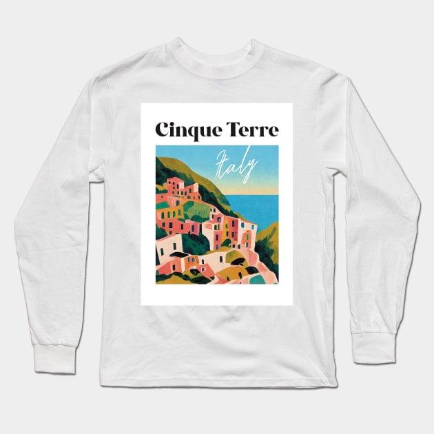 Abstract Cinque Terre Gouache Travel Poster Retro Wall Art Illustration Long Sleeve T-Shirt by BetterManufaktur